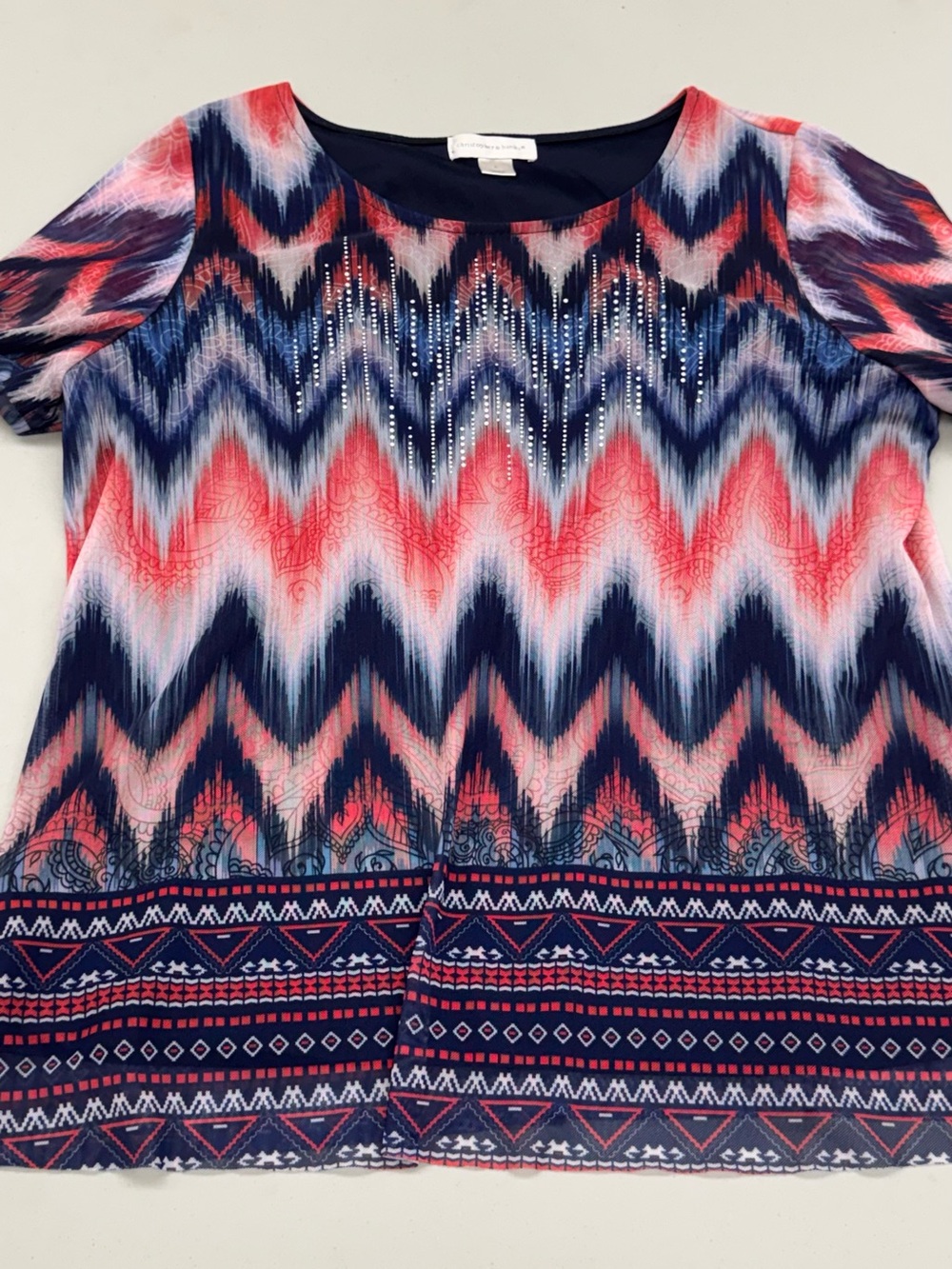 Christopher & Banks Navy and Coral Chevron Short Sleeve Top with Rhinestones